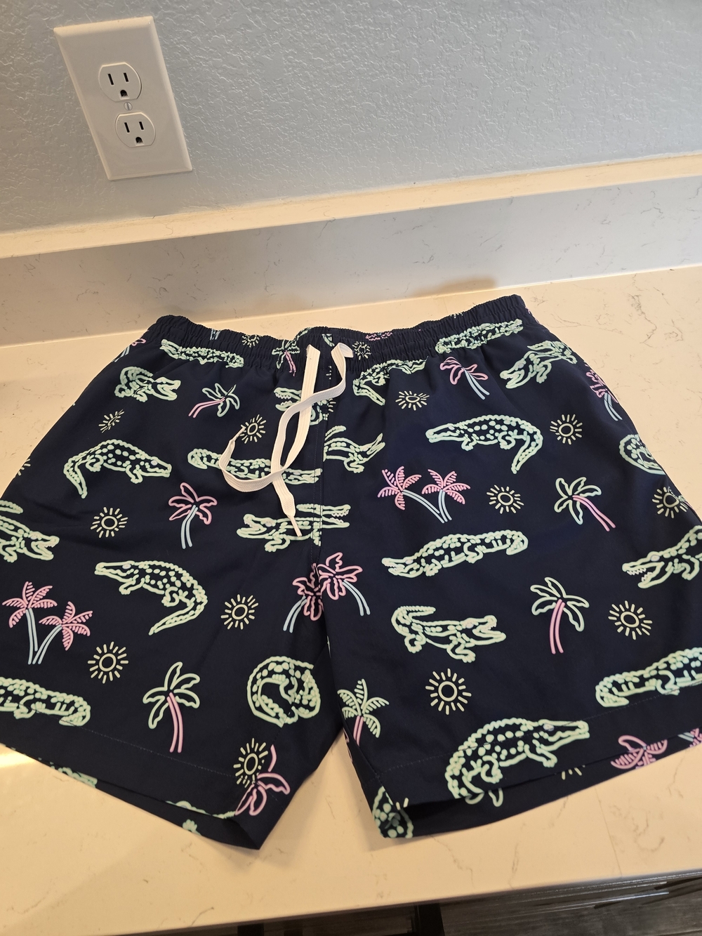 chubbies Navy Swim Shorts with Mint Alligator & Pink Palm Print